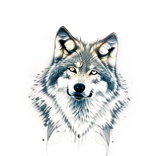 wolf with litle wolf reflected in water tattoo design idea