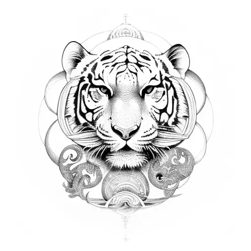 An intricate design featuring a white tiger and elephant surrounded by celestial elements representing Gemini and Aquarius tattoo design idea
