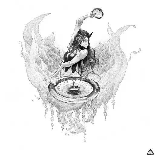 A tattoo of a water-themed black-grey portrait of a witch performing a paranormal ritual under the Gemini and Aquarius zodiac signs tattoo design idea