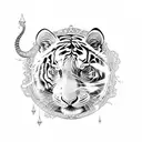 An intricate design featuring a white tiger and elephant surrounded by celestial elements representing Gemini and Aquarius tattoo design idea