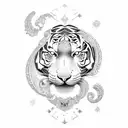 An intricate design featuring a white tiger and elephant surrounded by celestial elements representing Gemini and Aquarius tattoo design idea