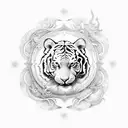 An intricate design featuring a white tiger and elephant surrounded by celestial elements representing Gemini and Aquarius tattoo design idea