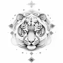 An intricate design featuring a white tiger and elephant surrounded by celestial elements representing Gemini and Aquarius tattoo design idea