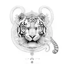 An intricate design featuring a white tiger and elephant surrounded by celestial elements representing Gemini and Aquarius tattoo design idea