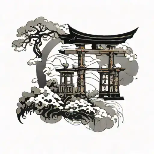 japanese culture with ANBU masks and Torii gates with a dragon in the clouds behind it  tattoo design idea