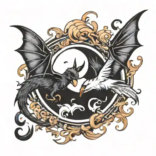 bat and goose yin-yang sign tattoo design idea