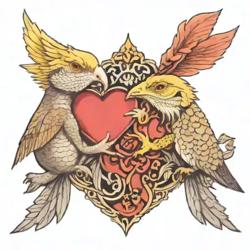 cockatiel and bearded dragon making a heart shape tattoo design idea