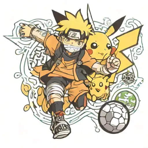 naruto playing soccer with pokemon pikachu tattoo design idea