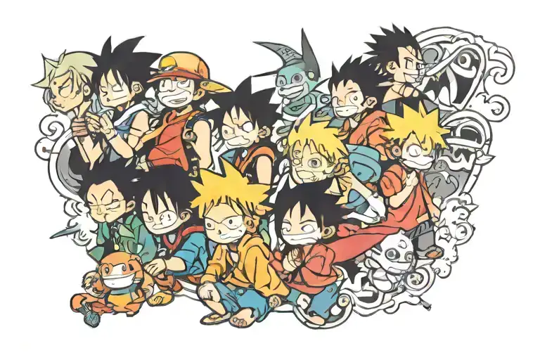 Tattoo design with the following characters: Luffy, Goten, Levi, Tanjiro, Izuku, Charmander, Nezuko, Naruto tattoo design idea