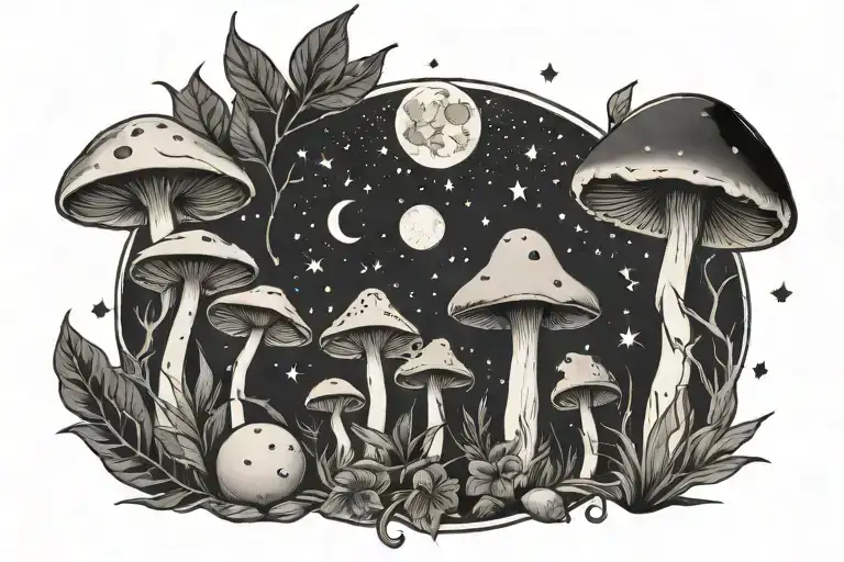 mushroom plant witch stars moon phases tattoo design idea