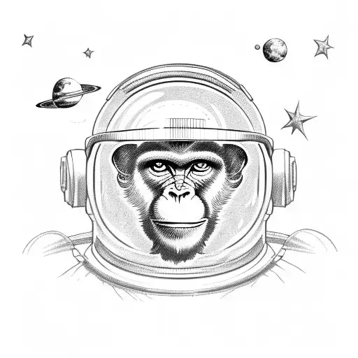 Picture a monkey wearing a vintage-style astronaut helmet with a reflective visor. The monkey is floating in outer space tattoo design idea