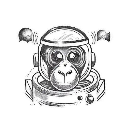 Picture a monkey wearing a vintage-style astronaut helmet with a reflective visor. The monkey is floating in outer space tattoo design idea