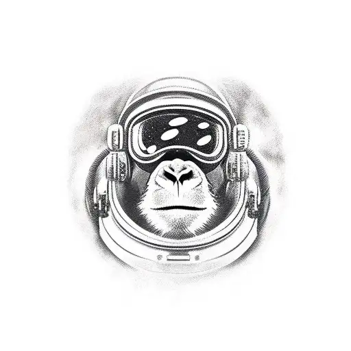 Picture a monkey wearing a vintage-style astronaut helmet with a reflective visor. The monkey is floating in outer space tattoo design idea