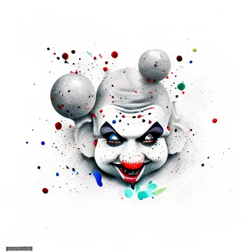 A whimsical painting palette with cute clown faces as paint splatters tattoo design idea