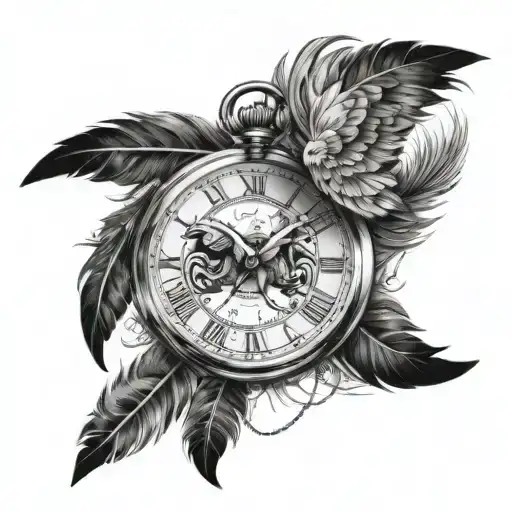 A pocket watch surrounded by elegant eagle feathers, combining the client's love for timepieces and eagles tattoo design idea