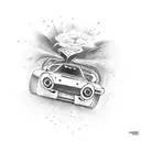 Design a tattoo featuring a dynamic racing scene with cars zooming past each other on a track tattoo design idea