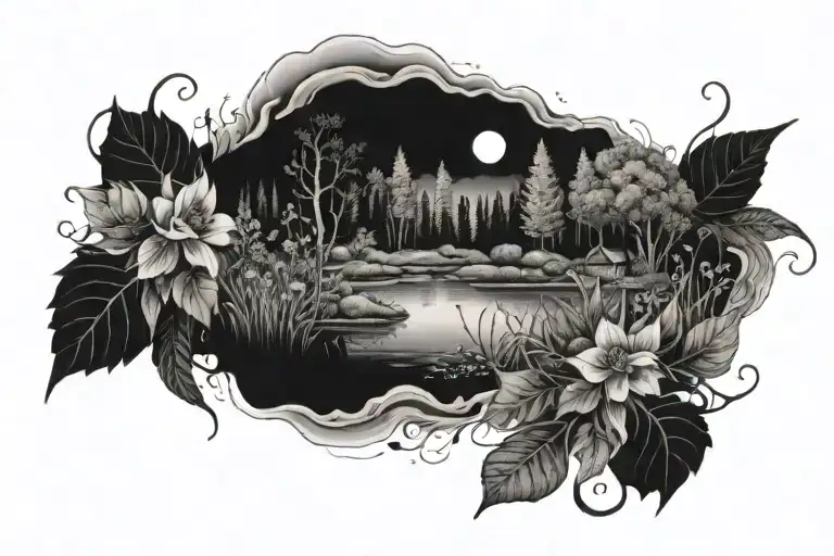 RIVER, NATURE, GARDEN, FOREST, FIRE, DRIED FLOWERS, HERBS, tattoo design idea