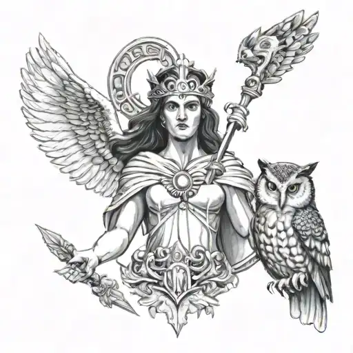 The goddess Athena with an owl, a spear and her shield on which Medusa can be seen tattoo design idea