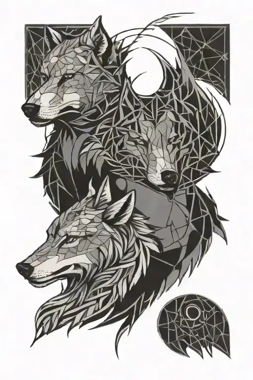 two wolves yin and yang symbol intertwined tattoo design idea