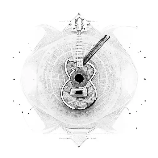 guitar with cog soundhole and binary code up the neck tattoo design idea