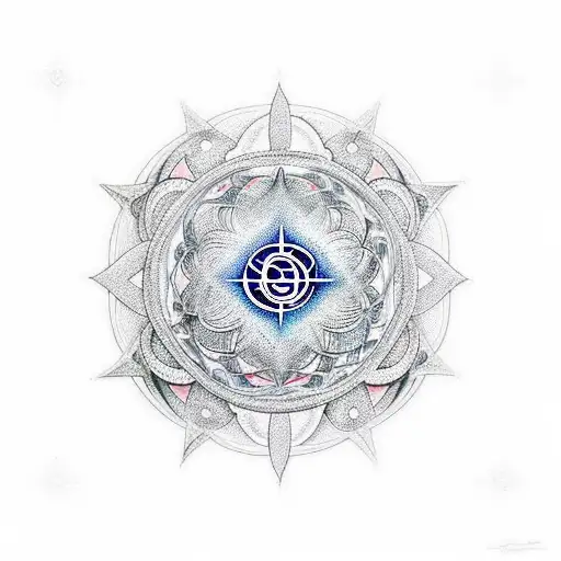 A realistic portrayal of a cosmic geometry pattern intertwined with religious symbols like the Om symbol or a cross tattoo design idea