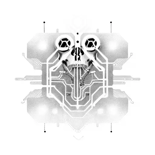 A futuristic skull with circuitry and binary code flowing through it tattoo design idea
