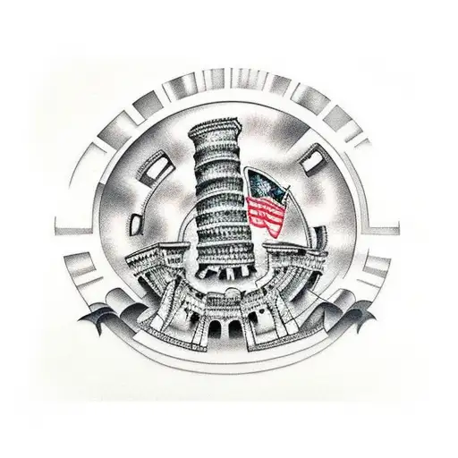 A traditional tattoo of a Roman colosseum surrounded by music notes and a silver wolf in the foreground tattoo design idea