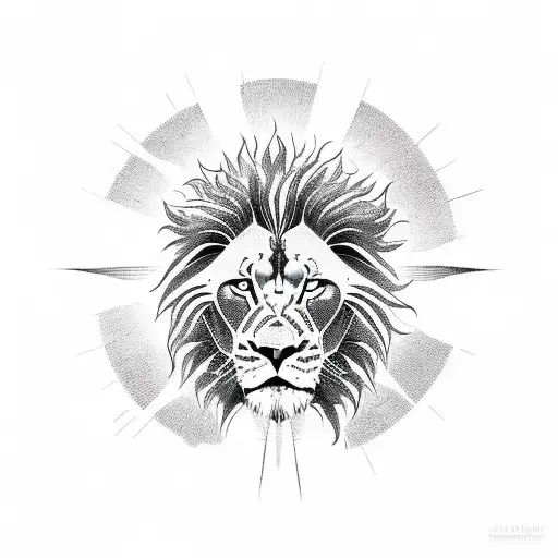 praying hands in front of sun while lion attacking tattoo design idea