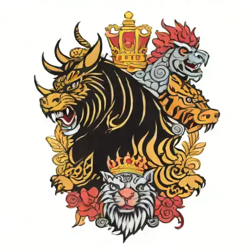 dragon,tiger, pig, ox and rooster wearing a crown tattoo design idea