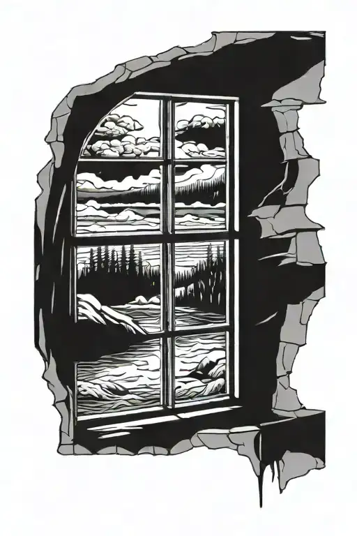 black and white hand drawn drawing showing an open window. In the background of the window there is nothing else, only v tattoo design idea
