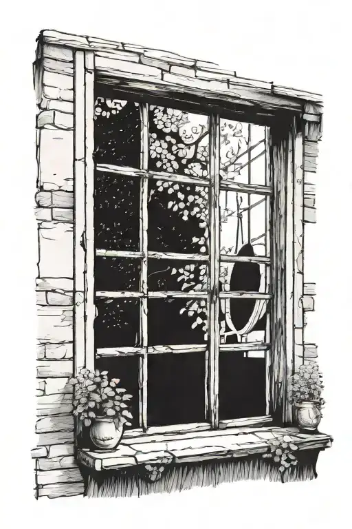 black and white hand drawn drawing showing an open window. In the background of the window there is nothing else.  tattoo design idea