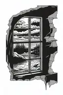 black and white hand drawn drawing showing an open window. In the background of the window there is nothing else, only v tattoo design idea