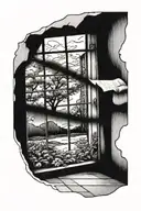 black and white hand drawn drawing showing an open window. In the background of the window there is nothing else, only v tattoo design idea