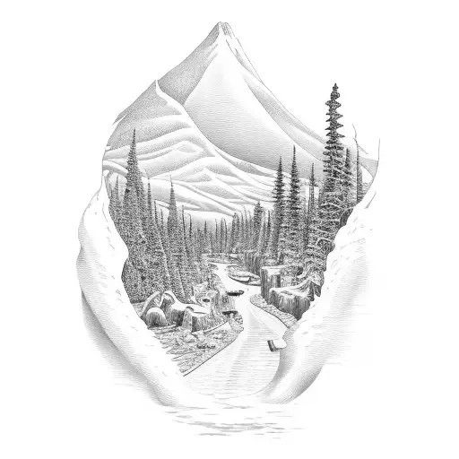 A detailed illustration of Harper's Ferry, incorporating elements of nature and engineering to represent the client's favorite place and occupation tattoo design idea