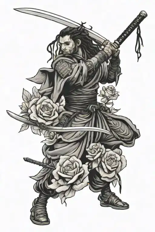 Black samurai with dreadlocks tending rose garden with katana  tattoo design idea