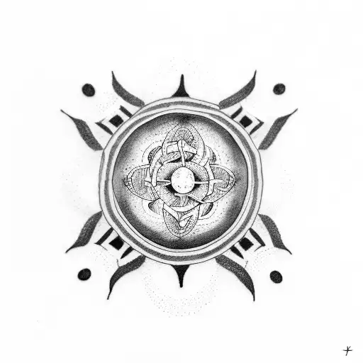 A dotwork tattoo of a karma symbol intertwined with a realistic representation of the circle of life tattoo design idea