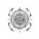 A dotwork tattoo of a karma symbol intertwined with a realistic representation of the circle of life tattoo design idea