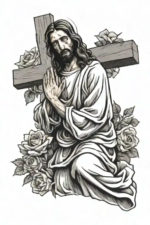 Jesus praying with a cross behind and roses  tattoo design idea