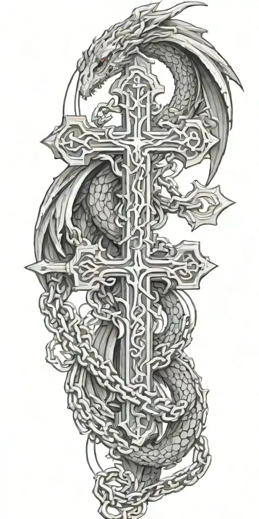 biblescripture verses flowing around a cross with chains on a dragon  tattoo design idea