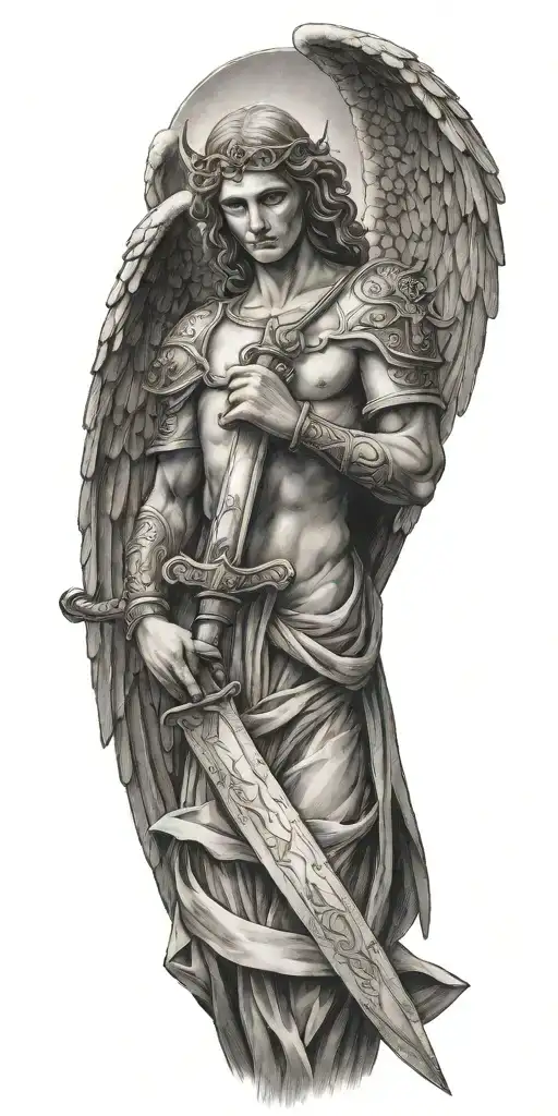 angel with wings holding a sword. The Christian cross is right behind it  tattoo design idea