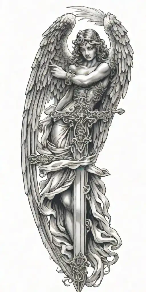 angel with wings with a sword and a cross behind it  tattoo design idea