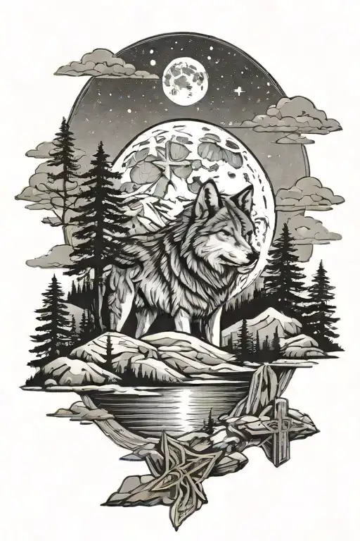 sand harbor Lake Tahoe with wolf looking towards the moon and a cross  tattoo design idea