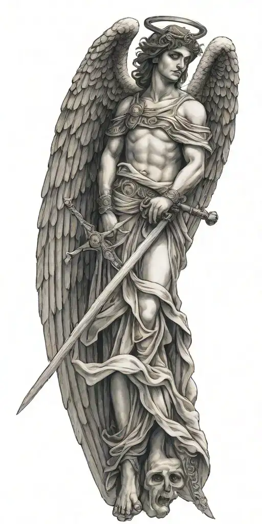 Greek style angel with wings holding sword. behind the angel is a giant cross  tattoo design idea