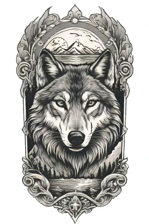 small wolf with a crown overlooking Lake Tahoe  tattoo design idea