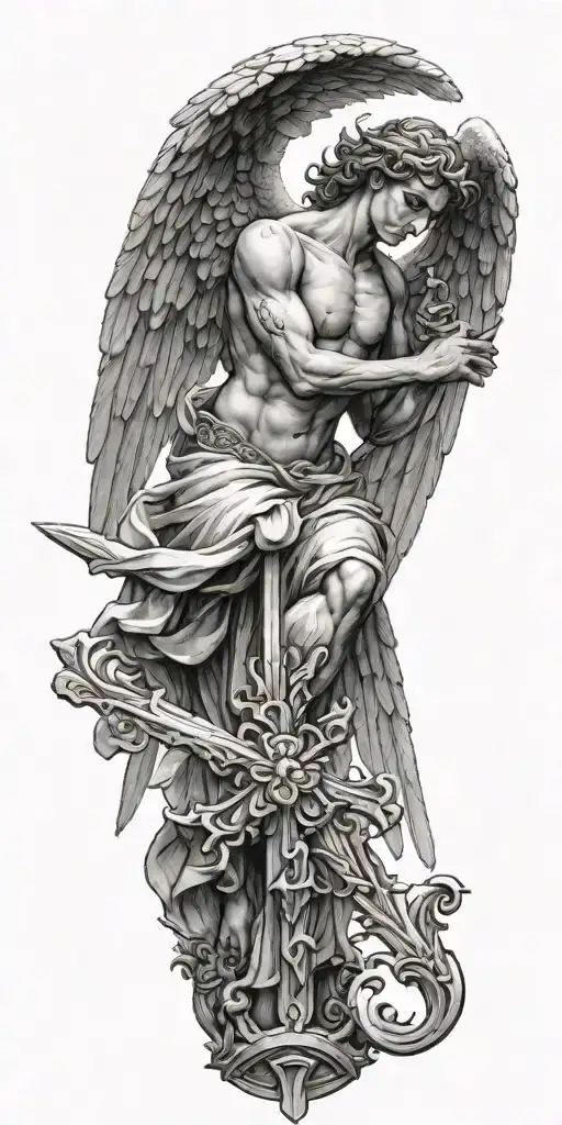 Greek style angel with wings spread wide and a cross and sword behind  tattoo design idea