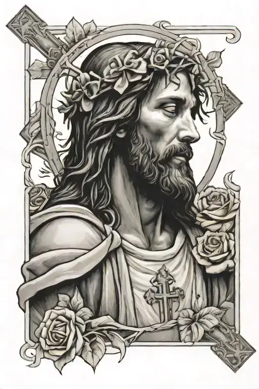Jesus praying with a cross behind and roses  tattoo design idea