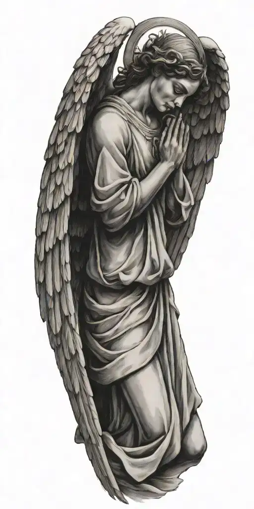 angel with wings praying with a cross tattoo design idea