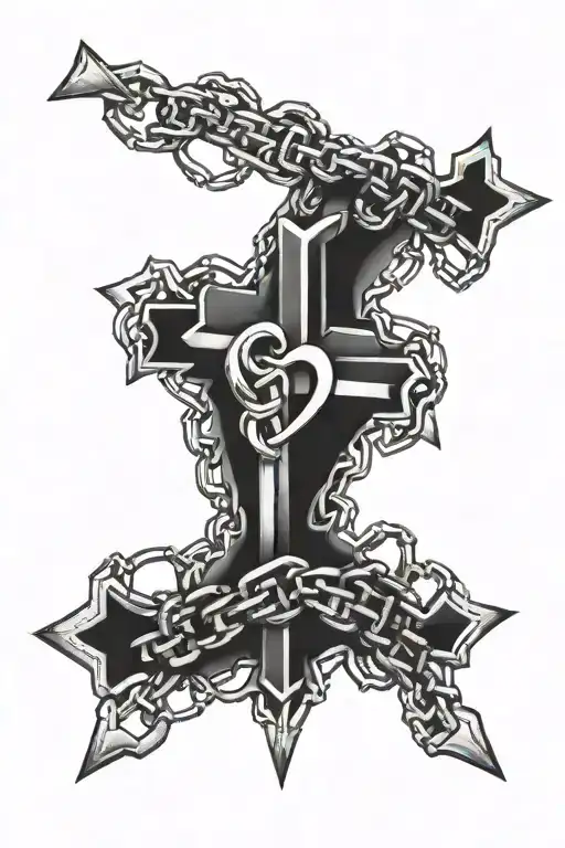 Crosses and chains forming a heart shape with a motivational fitness quote tattoo design idea