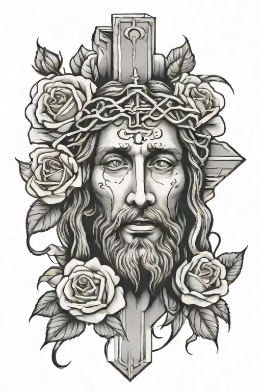 Jesus Christ face with cross in the background and roses  tattoo design idea