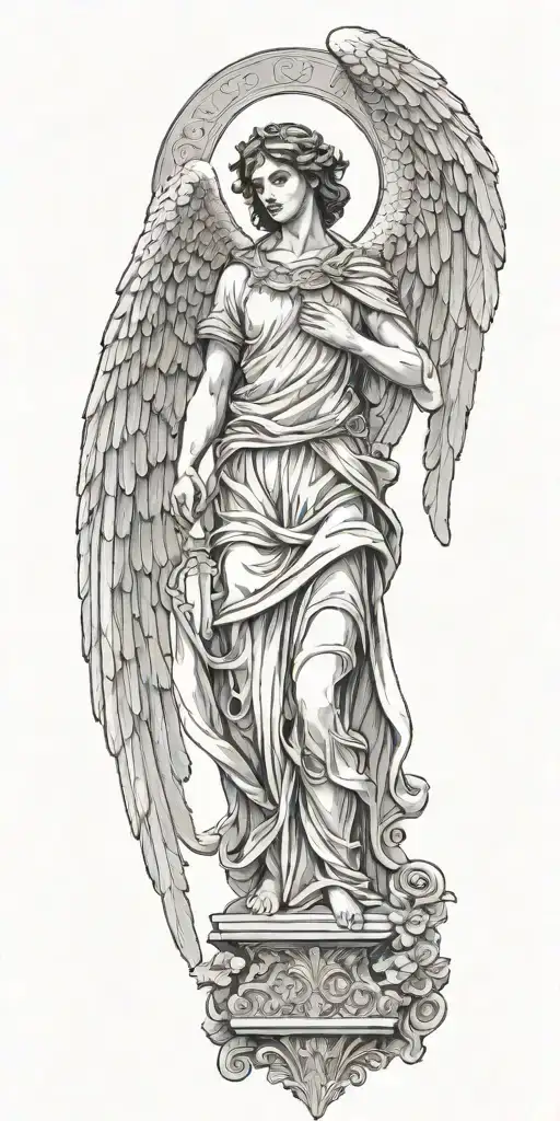Greek style angel with wings. behind the angel is a giant cross  tattoo design idea